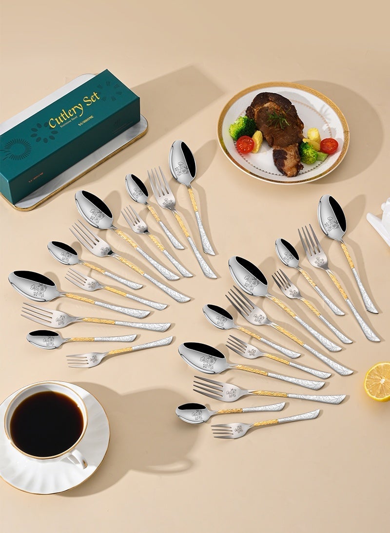 SUNHOME 24-Piece Stainless Steel Cutlery Set with Gold Handle, Elegant Floral Pattern Flatware Set , Mirror Polished Food Grade Tableware, Ideal for Home Kitchen, Party and Eid Gift - Image 2